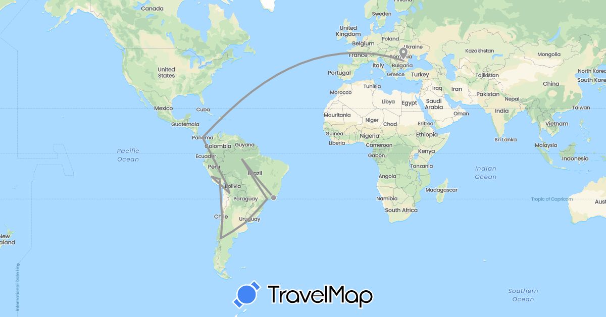 TravelMap itinerary: driving, plane in Argentina, Bolivia, Brazil, Chile, Colombia, Panama, Peru, Romania (Europe, North America, South America)