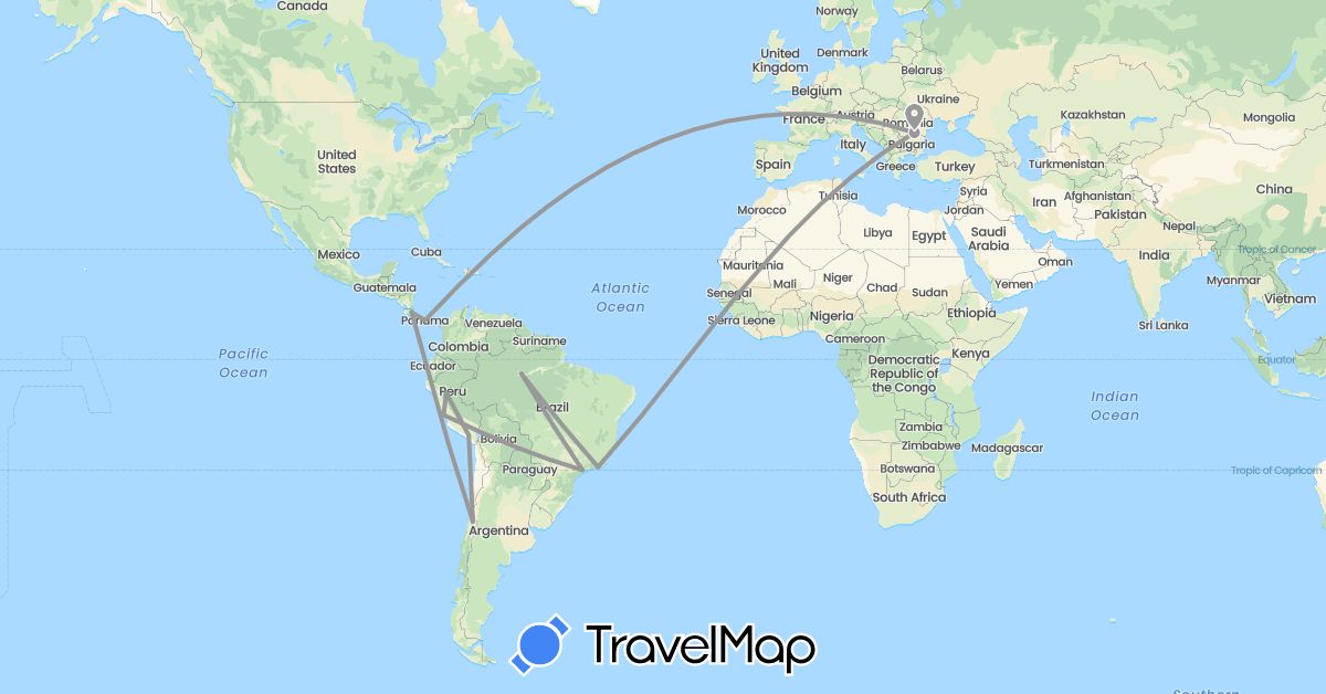 TravelMap itinerary: driving, plane in Brazil, Chile, Costa Rica, Panama, Peru, Romania (Europe, North America, South America)